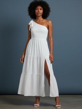 Merokeety One Shoulder Sleeveless Knot Smocked Midi Dress XL Split Tiered Flowy
